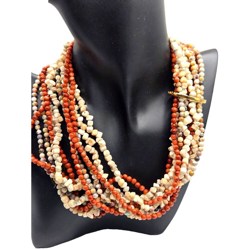Vintage Multi-Strand Natural Stone Necklace Goldstone, Agate, Fossil Coral